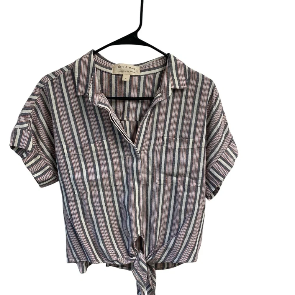 Cloth And Stone Striped Button-Up Tie-Front Top Rayon Linen Blend‎